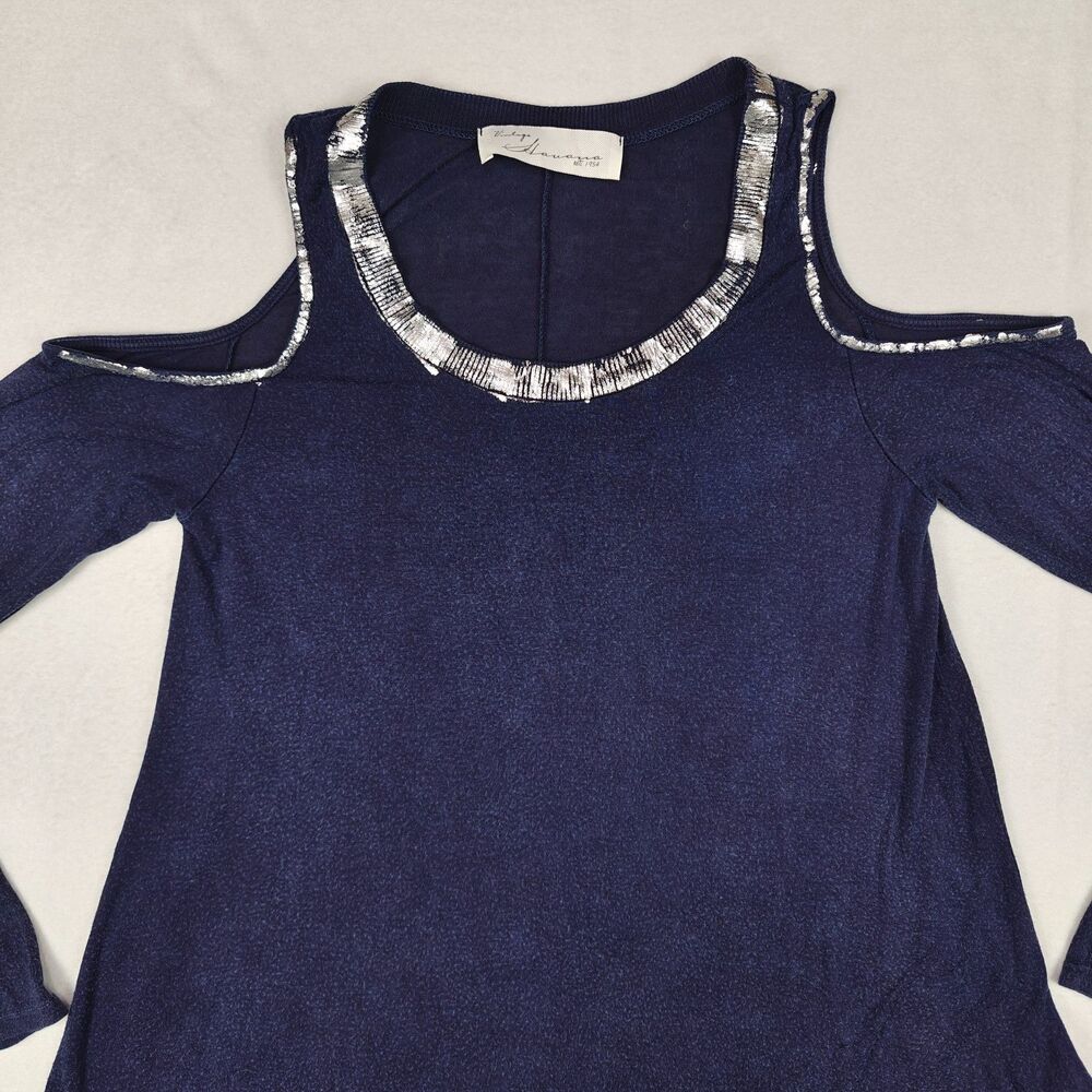 Vintage Havana Distressed Silver Trim Cold Shoulder Tunic Top Size S Y2K Flowy - Picture 3 of 9